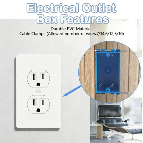 10 Pack 1-Gang PVC New Work Outlet Box In Blue With 18 Cu In Capacity shown next to installed outlet