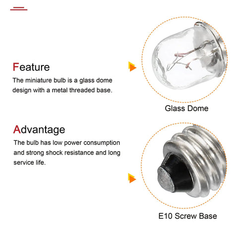 Get Your Tech Stash Ready with These Bad Boys, E10 Screw Base Miniature Bulbs, 24V 1.5W Warm Yellow Light for Your Flashlights and Indicators, 15 Pack in Box showing glass dome and metal E10 screw base