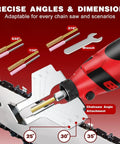 Cordless Chainsaw Sharpener Kit With Battery For Quick Easy On The Go Sharpening Portable Chainsaw Sharpener With Diamond Sharpening Wheels And Adjustable Angle Guide shown with attachments and angle settings.