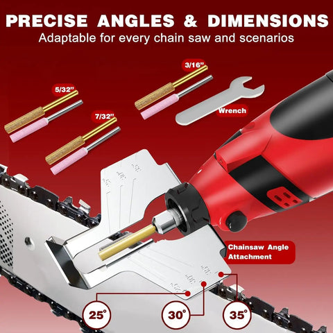 Cordless Chainsaw Sharpener Kit With Battery For Quick Easy On The Go Sharpening Portable Chainsaw Sharpener With Diamond Sharpening Wheels And Adjustable Angle Guide shown with attachments and angle settings.