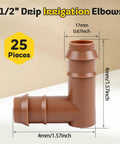Drip Irrigation Barbed Elbow Fittings, 25 Pack, Half Inch Tubing, 90 Degree Corner Connectors For 17 Mm ID Drip Lines