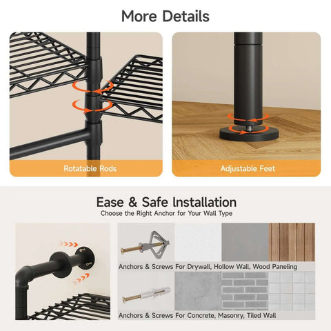 Details of Space Saving Expandable Wall Mounted Closet System With Telescoping Shelves And Adjustable Rods, Industrial Pipe Wardrobe Rack angle view.