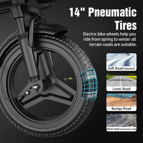 14-inch pneumatic tire of Electric Folding Bike For Adults And Teens With 800W Peak Motor 22 MPH Top Speed 30 Mile Range