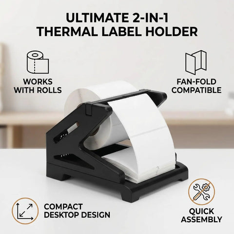 Thermal Label Holder For Rolls And Fan Fold Labels, Easy Stand For Desktop Printer, showing rolls and fanfold compatibility