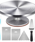 Aluminum Cake Turntable Set With Revolving 12 Inch Cake Stand For Decorating Includes 12.7 Inch Offset Spatula And Three Stainless Steel Icing Smoothing Tools Non Slip Base Pro Style Cake Decorating Kit For Home Bakers