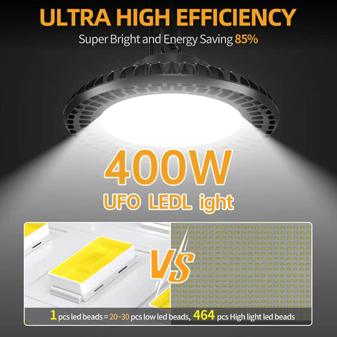 Ultra Bright 240W UFO LED High Bay Light With Dimmable Remote shining in dark background, 400W model comparison