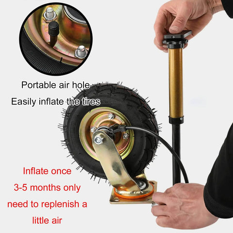 Two Pack Eight Or Ten Inch Heavy Duty Swivel Caster Wheels Featuring Pneumatic Rubber Tires And Precision Ball Bearings showing air inflation.