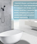 2 In 1 Matte Black Shower System With Handheld And Dual Rain Showerheads, High Pressure, 35 Spray Settings on bathroom wall