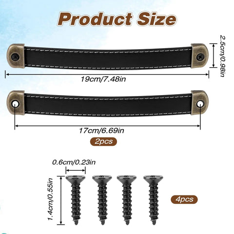 Two Leather Drawer Pulls With Mounting Screws Included For Drawers Cabinets Luggage Trunks And Suitcases shown with dimensions