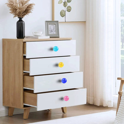 Colorful Glass Cabinet Knobs 30mm Round Bubble Design, 10 Pack Drawer Pulls With Three Screw Sizes For Cabinets, Drawers, Dressers, And Home Makeovers, Smooth Modern Hardware on white dresser