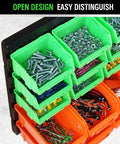 Close-up of 30 Bin Wall Mounted Hardware Organizer For Screws Nuts Bolts Nails And Small Parts showing filled green and orange bins.