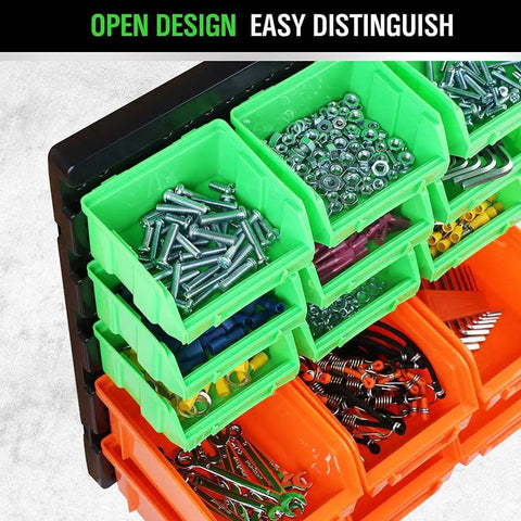 Close-up of 30 Bin Wall Mounted Hardware Organizer For Screws Nuts Bolts Nails And Small Parts showing filled green and orange bins.