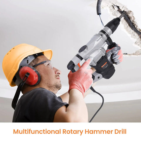 Worker using Heavy Duty SDS Max Rotary Hammer Drill With Vibration Control And Safety Clutch 13 Amp Powerhouse for ceiling work