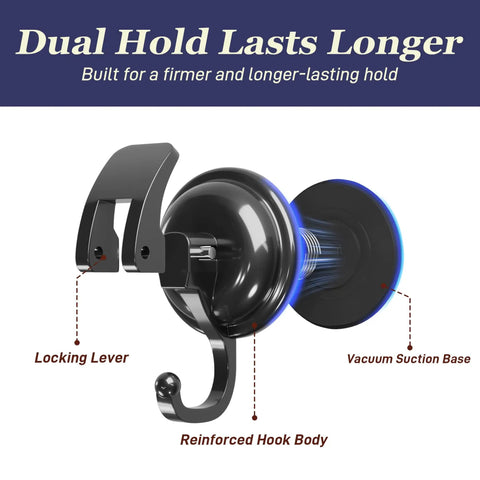 Close-up of Heavy Duty Vacuum Suction Cup Hooks Black 2 Pack showing locking lever and suction base detail.