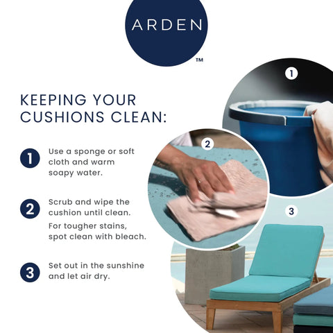 Step-by-step guide for cleaning outdoor cushions with warm soapy water, scrubbing, and air drying, featuring a patio chair with blue cushions.