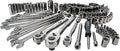 Garage Ready Mechanics Tool Set With Quarter Inch Three Eighths Inch And Half Inch Drives SAE And Metric 121 Piece Gun Metal Chrome Finish displayed