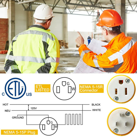 Diagram detailing 16 Piece Extension Cord Ends Kit For Power Runs 15A 125V 2 Pole 3 Wire Heavy Duty Male Plug And Female Connector Set