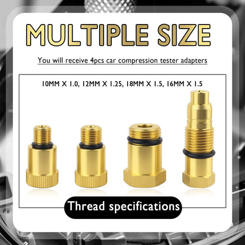 Four spark plug adapters from a Shop-Ready Four Piece Compression Tester Adapter Kit with 10mm-1.0, 12mm-1.25, 16mm-1.5, 18mm-1.5 threads.