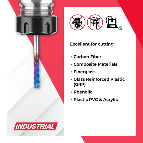 Spektra Coated Solid Carbide CNC Panel Cutting Router Bit Down Cut For Carbon Fiber Graphite And Composite Panels One Eighth Inch Diameter One Half Inch Cutting Height One Eighth Inch Shank Two Inch Overall Length Made In USA, shown with cutting specifications and CNC compatible icons.