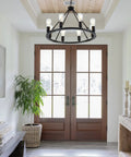 Black Farmhouse Wagon Wheel Chandelier With 8-Light 23.6 Inch Vintage Industrial Round Pendant Ceiling Light Fixture in entryway