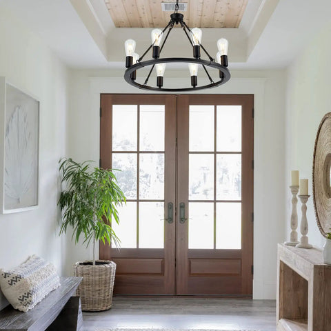 Black Farmhouse Wagon Wheel Chandelier With 8-Light 23.6 Inch Vintage Industrial Round Pendant Ceiling Light Fixture in entryway