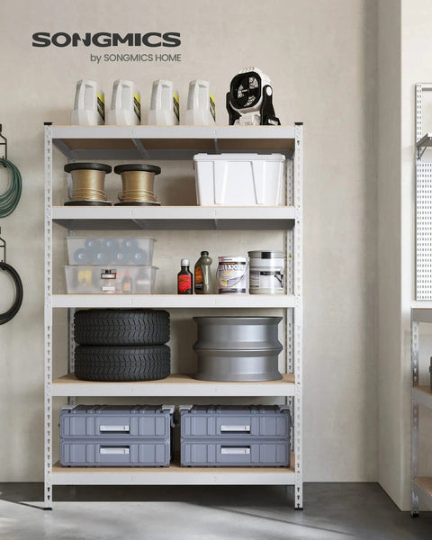 Heavy Duty Five Tier Steel Storage Shelves Packed With Solid Four Hundred Sixty Two Lb Per Shelf Capacity No Sweat Boltless Setup Adjustable Rack For Garage Shed Real Deal Steel Rack Silver Beige Accent