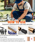 HVAC Copper Tube Expander Tool With Bit Holder For Air Conditioners, Beefy HSS Steel Construction, Six Pipe Sizes Including One Quarter, Three Eighths, One Half, Five Eighths Inches, Reusable Swedge Tool For Quick Copper Tube Reconditioning. HVAC installer using copper tube expander kit