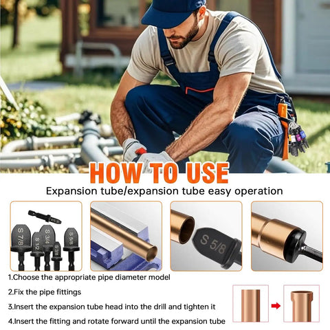 HVAC Copper Tube Expander Tool With Bit Holder For Air Conditioners, Beefy HSS Steel Construction, Six Pipe Sizes Including One Quarter, Three Eighths, One Half, Five Eighths Inches, Reusable Swedge Tool For Quick Copper Tube Reconditioning. HVAC installer using copper tube expander kit
