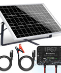 Keep Your 12V Batteries Charged With A 25W Waterproof Solar Panel Kit And Trickle Maintainer Featuring An Adjustable Mount Bracket And Upgraded Controller For Cars, RVs, Boats, Motorcycles, And Marine Use, showing panel with cables and controller
