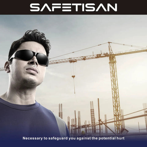 Man wearing Bulk 48 Pack Tinted Safety Glasses With Smoke Lenses, UV Protection on construction site background.