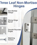 Three Leaf Hinges Satin Nickel with Flush Screws displayed, showcasing non-mortise design and matching screws for easy installation.