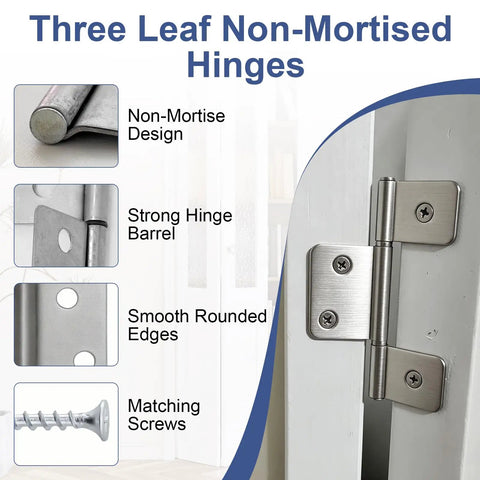 Three Leaf Hinges Satin Nickel with Flush Screws displayed, showcasing non-mortise design and matching screws for easy installation.