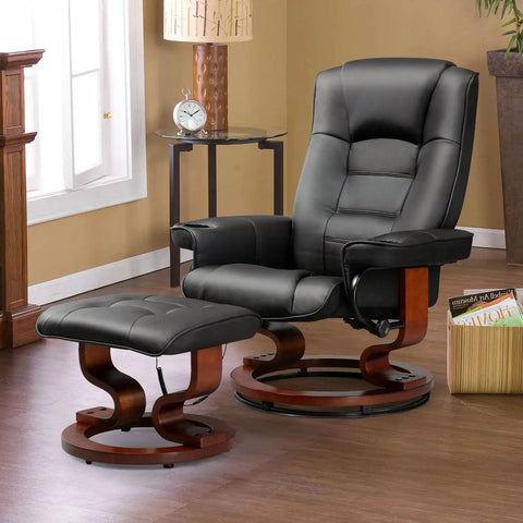 Reclining Massage Chair With Faux Leather Finish Cozy Ottoman 360 Degree Swivel Wood Base Black Living Room Recliner For Boss Level Relaxation And Everyday Comfort in a modern living room.