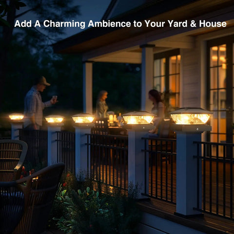 Outdoor Solar Post Cap Lights 6 Pack With Two Modes Warm White And Cool White IP65 Waterproof Deck Lighting For 4x4, 4.5x4.5 And 5x5 Vinyl Or Wood Posts illuminating a patio at night
