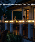 Solar Post Cap Lights 8 Pack For 4x4 And 5x5 Fence Posts illuminating a patio at night with warm LED lights