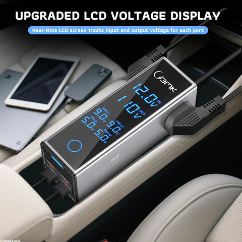 Road Trip Vibes 300W Car Power Inverter Dc To Ac Converter With Pd 36W Quick Charge 4 Usb Ports Lcd Display stacked in car.