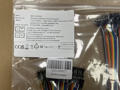 Close-up of Breadboard Jumper Wire Kit 360 Pieces With 10cm, 20cm, and 30cm cables in colorful packaging, labels visible