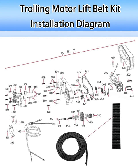 Installation diagram of Lift Belt Kit Replacement Parts for Ulterra Trolling Motors Universal Fit Replaces 2770820 Durable Rubber