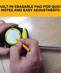 Auto Lock Pro Carpenter Tape Measure With Push Button Release For Quick Tape Eject 16 Foot Tape Standard And Metric Compact Casing Pencil Sharpener Heavy Duty Belt Clip Built Tough And Ready with built-in erasable pad and pencil
