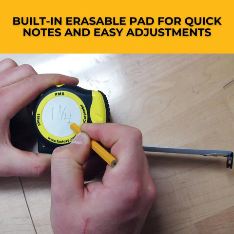 Auto Lock Pro Carpenter Tape Measure With Push Button Release For Quick Tape Eject 16 Foot Tape Standard And Metric Compact Casing Pencil Sharpener Heavy Duty Belt Clip Built Tough And Ready with built-in erasable pad and pencil
