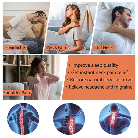 Upgrade Your Neck Game With This Sick Cervical Traction Device For Serious Spinal Decompression And Pinched Nerve Relief Perfect For Home Use To Melt Away Stubborn Headache Pain And Shoulder Soreness Fast. Images of people experiencing headache, neck pain, shoulder pain, and stiff neck.