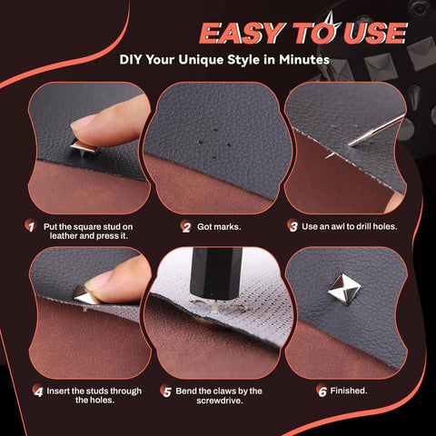 DIY steps with Punk Stud Kit For Leather And Clothing DIY Decor 480 Mixed Cone Spikes In 8 Sizes 100 Square Pyramid Spikes 50 Round Dome Spikes