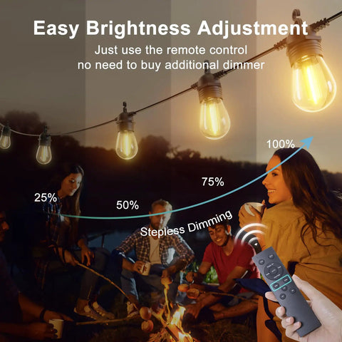 People adjusting brightness of 105ft Solar String Lights Outdoor Waterproof Patio Lighting With 30 Plus 2 Shatterproof S14 Bulbs IP65