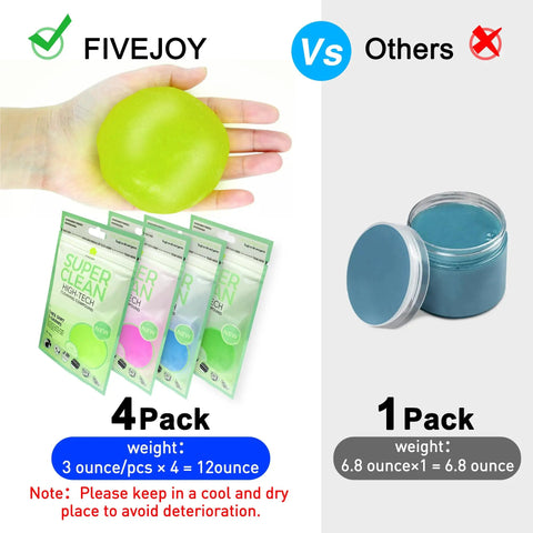 Pro Grade Car Cleaning Gel 4-Pack 320g total, reusable dust slime in hand and packets, green, blue, pink