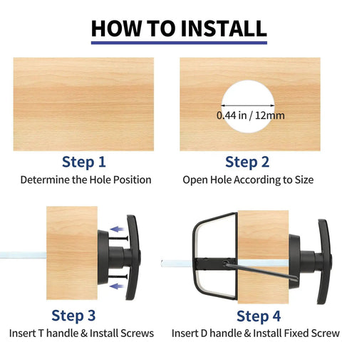 Installation steps for Lock It Down Shed Door Lock Latch 2 Pack Built Tough for Barns, showing tools and hole measurements.
