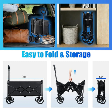 Foldable Wagon Cart With All Terrain Wheels And Brakes, Heavy Duty Utility Wagon That Pulls Easy shown folded for compact storage.