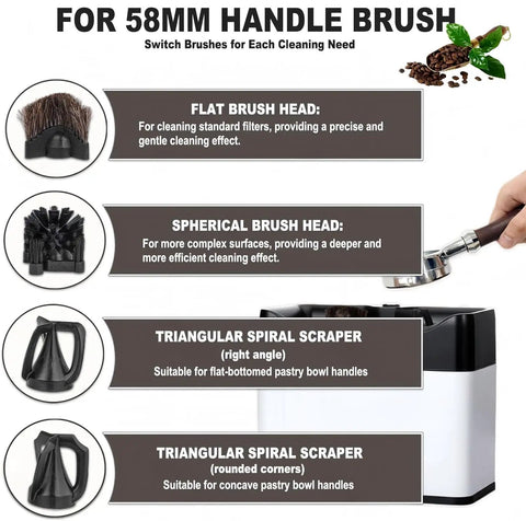 Game Changer Electric Espresso Knock Box And Automatic Portafilter Cleaner With Dual Scrubbers for cleaning brushes and heads.