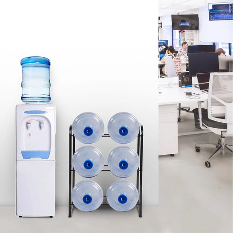 Heavy Duty 3 Tier 5 Gallon Water Jug Rack with six slots in an office, steel water bottle dispenser stand