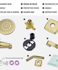 Brushed Gold Shower Trim Kit With Valve Tub And Shower Faucet Set components including shower head, valve, spout, and instructions.