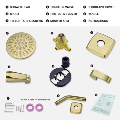 Brushed Gold Shower Trim Kit With Valve Tub And Shower Faucet Set components including shower head, valve, spout, and instructions.